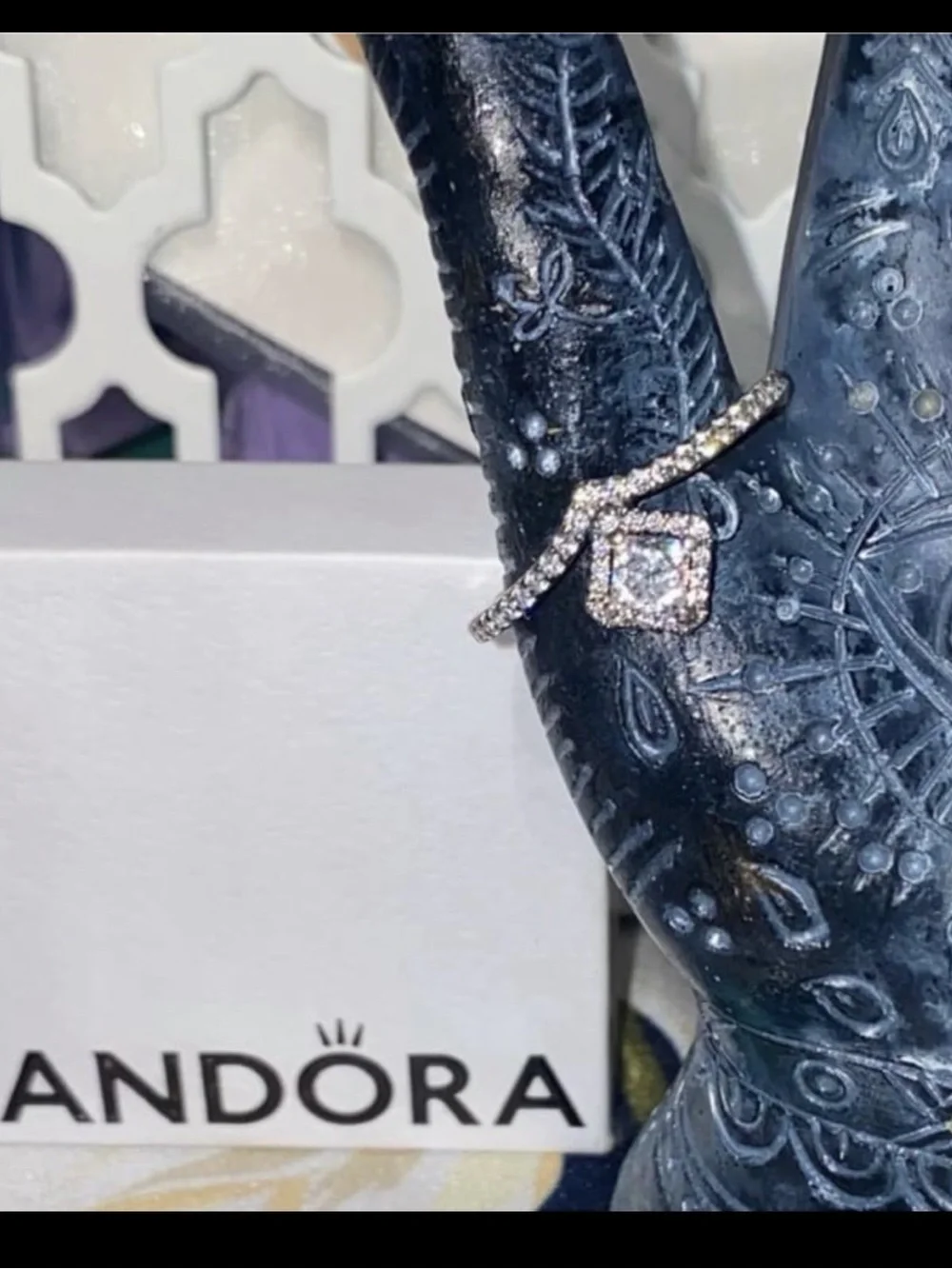 PANDORA SQUARE DIAMOND SPARKLE WISHBONE RING - Picture 2 of 8